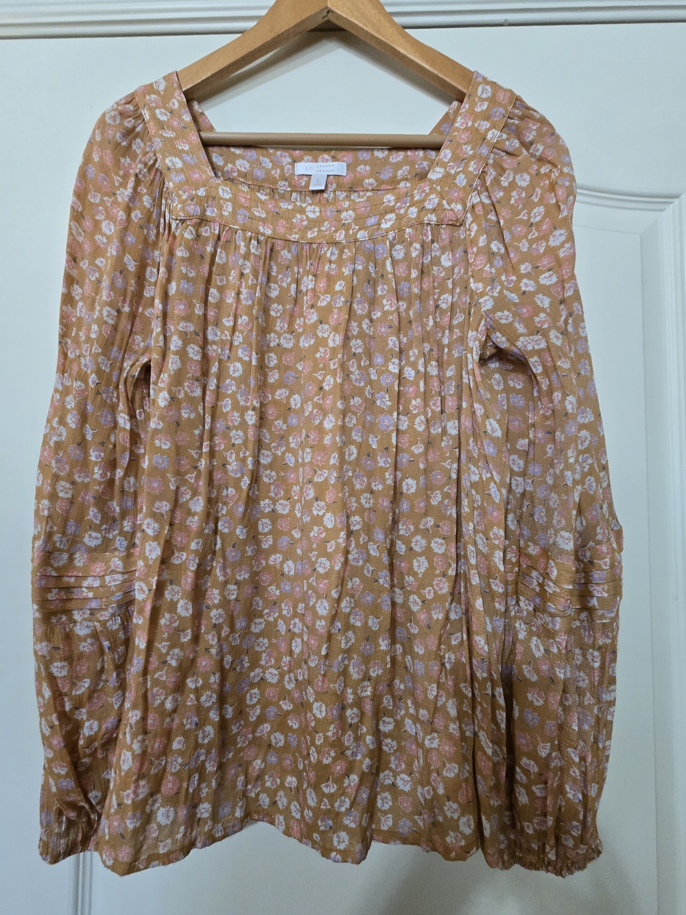 LC Lauren Conrad Boho Peach-Pink Floral Square Neck Blouse